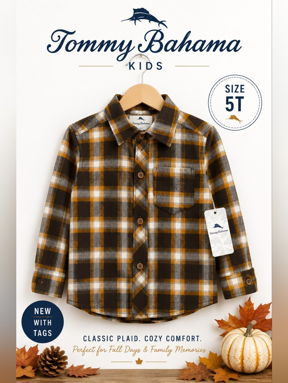 Tommy Bahama Kids Flannel Plaid Shirt 5T Brown Gray Mustard Back to School Fall